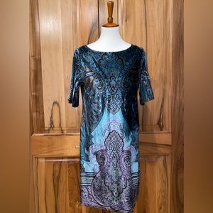 One Love - Abstract Printed Stretch-Velvet Dress, EUC, L